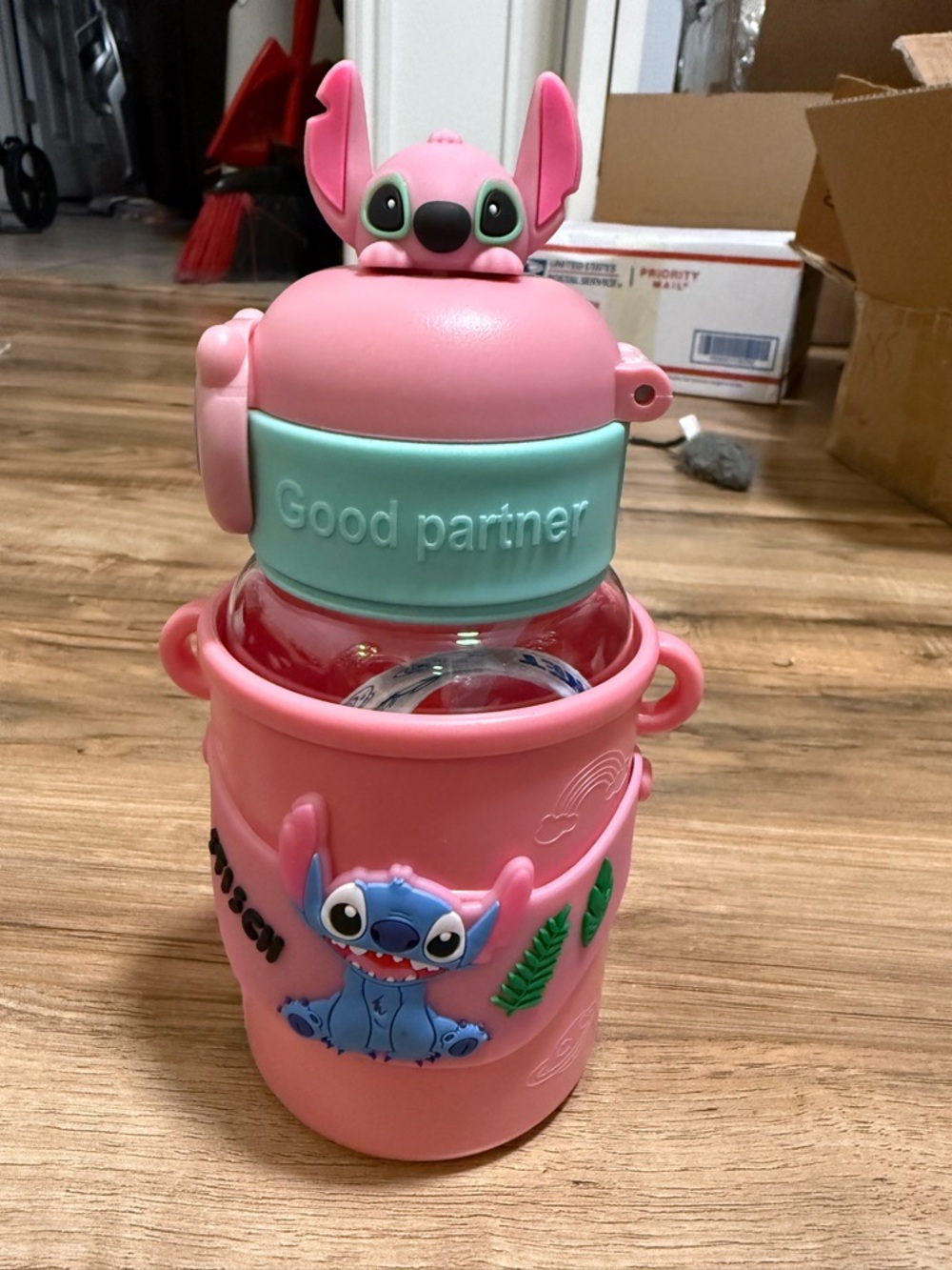 Pink Kids Water Bottle with Straw and Stitch Character